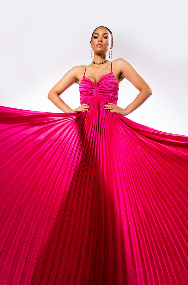 LILY PLEATED SATIN MAXI DRESS