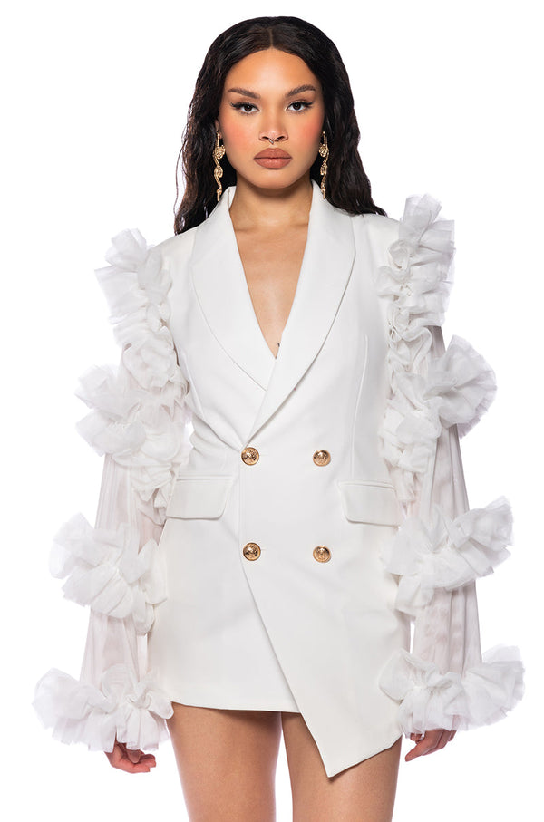 LIVING OVER THE TOP RUFFLE SLEEVE BLAZER MINI DRESS