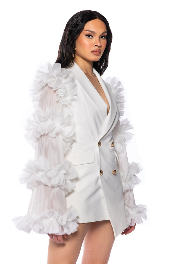 LIVING OVER THE TOP RUFFLE SLEEVE BLAZER MINI DRESS