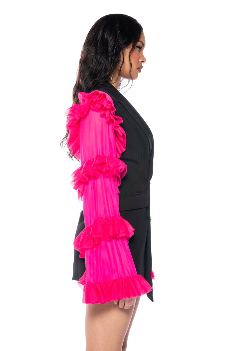 LIVING OVER THE TOP RUFFLE SLEEVE BLAZER MINI DRESS