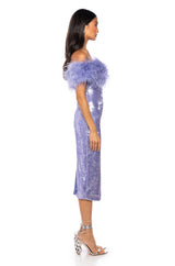 LOLO FEATHER DETAIL SEQUIN MAXI DRESS IN PURPLE