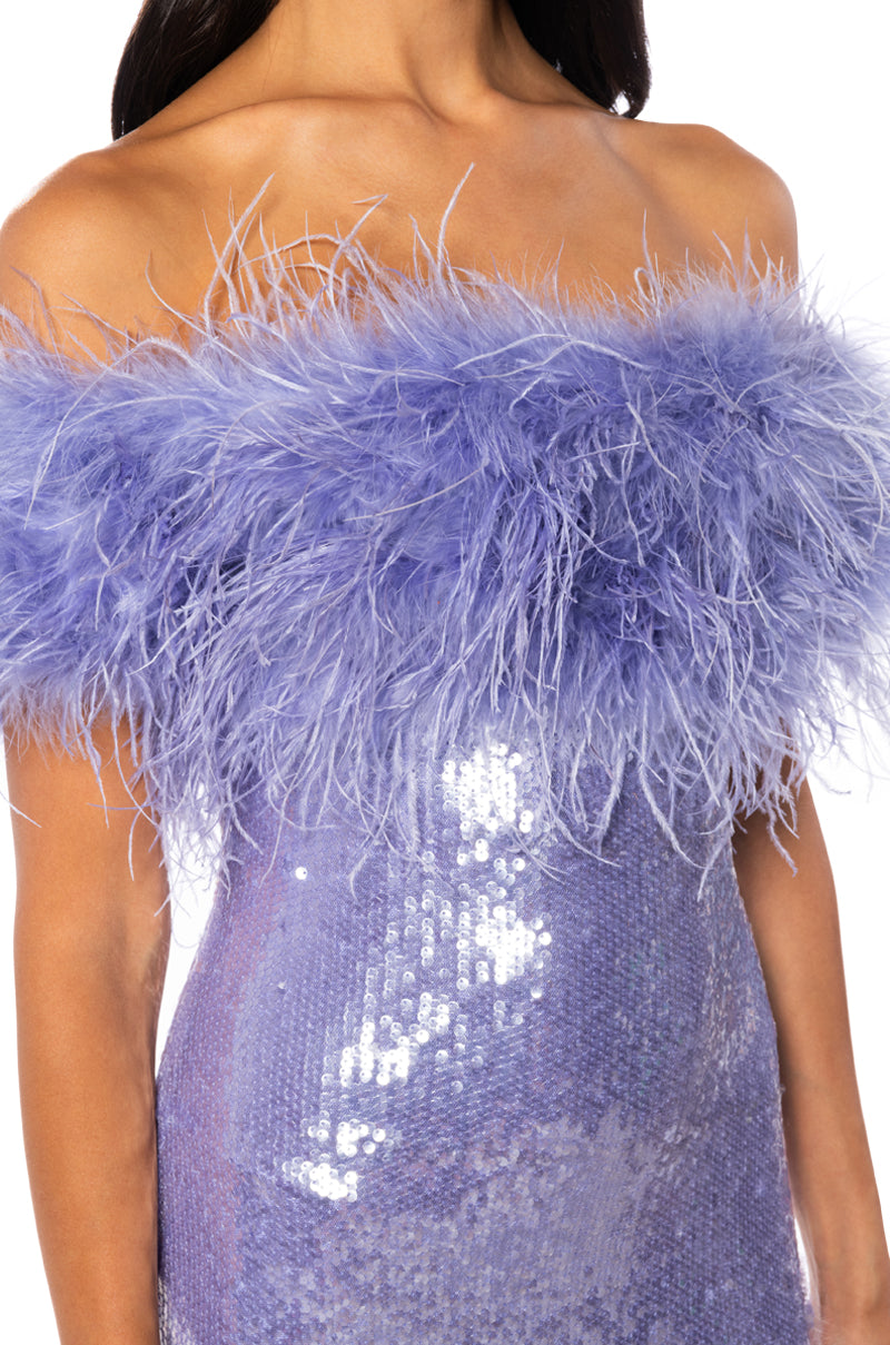 LOLO FEATHER DETAIL SEQUIN MAXI DRESS IN PURPLE