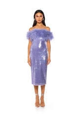 LOLO FEATHER DETAIL SEQUIN MAXI DRESS IN PURPLE
