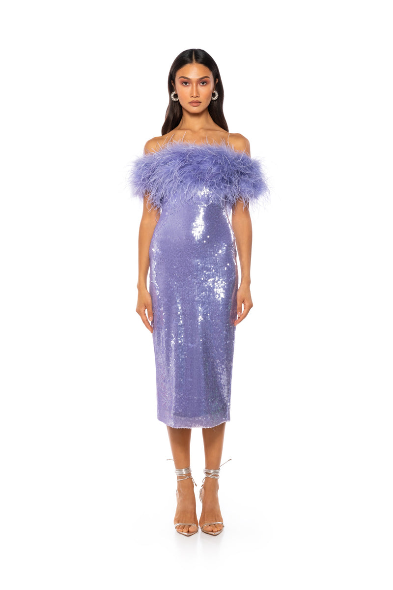 LOLO FEATHER DETAIL SEQUIN MAXI DRESS IN PURPLE