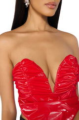 LONDON LIGHTS RUCHED FAUX LEATHER SWEETHEART NECKLINE CORSET IN RED