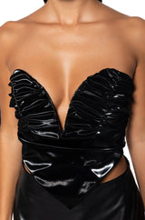 LONDON LIGHTS RUCHED FAUX LEATHER SWEETHEART NECKLINE CORSET