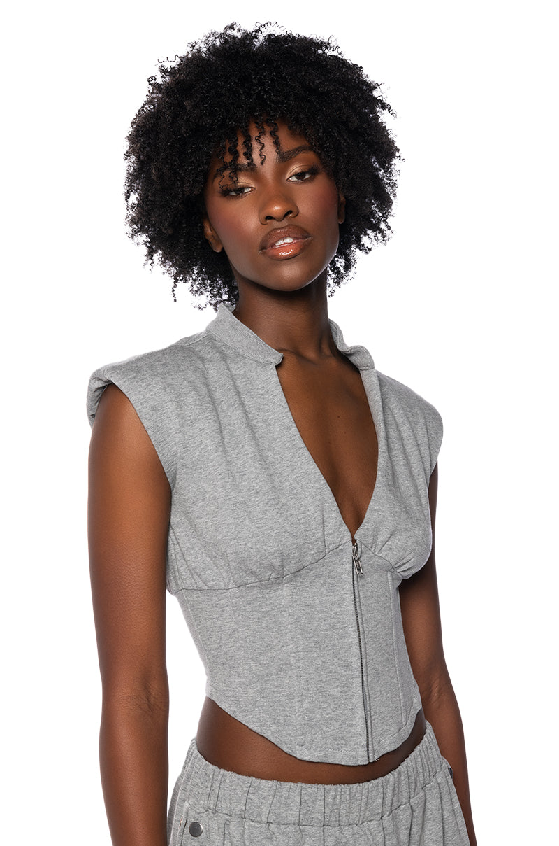 LONDYN SLEEVELESS ZIP UP CORSET SWEATSHIRT IN GREY
