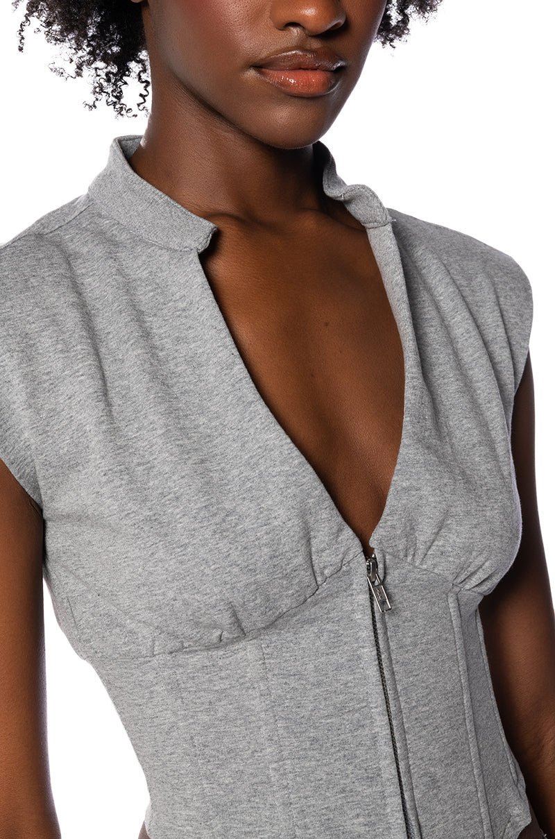 LONDYN SLEEVELESS ZIP UP CORSET SWEATSHIRT IN GREY