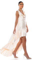 LONNIE COWL NECK HIGH LOW SATIN MIDI DRESS