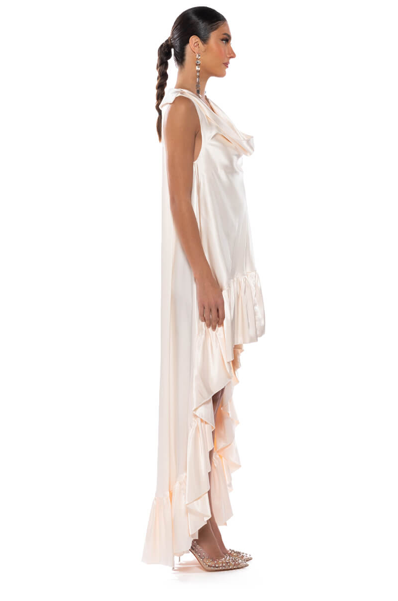 LONNIE COWL NECK HIGH LOW SATIN MIDI DRESS