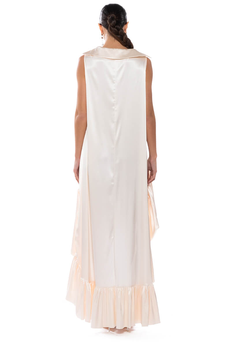 LONNIE COWL NECK HIGH LOW SATIN MIDI DRESS