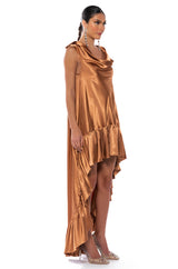 LONNIE COWL NECK HIGH LOW SATIN MIDI DRESS