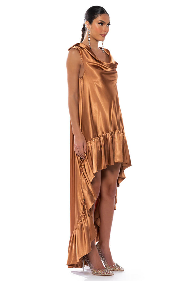 LONNIE COWL NECK HIGH LOW SATIN MIDI DRESS