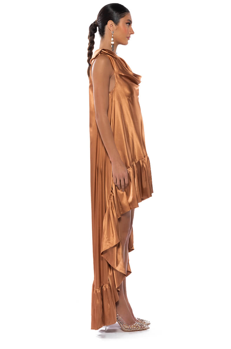 LONNIE COWL NECK HIGH LOW SATIN MIDI DRESS