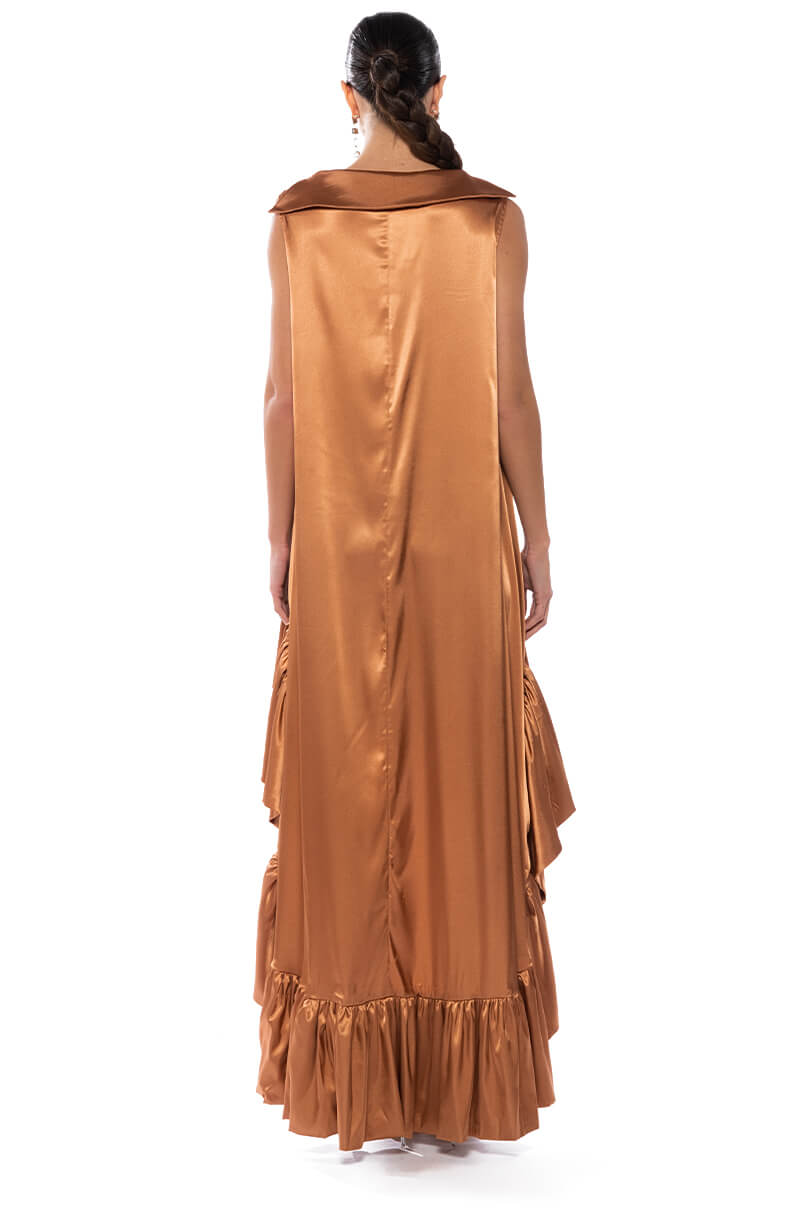 LONNIE COWL NECK HIGH LOW SATIN MIDI DRESS