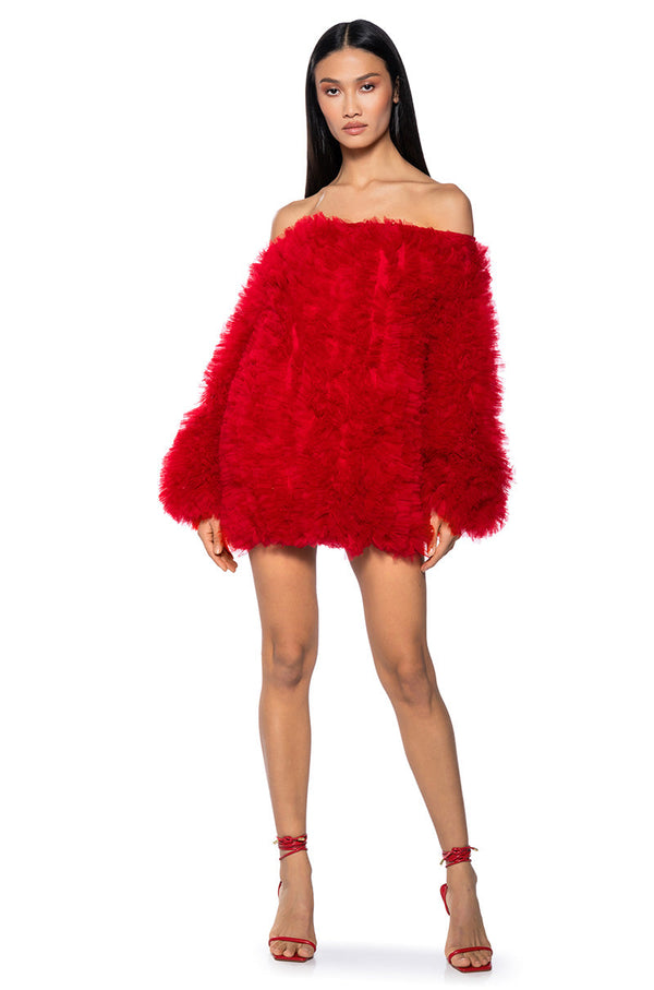 LOOFAH OFF THE SHOULDER MINI DRESS