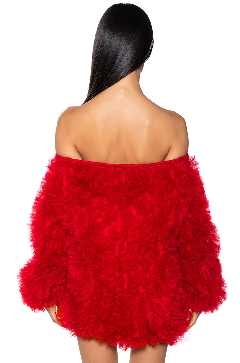 LOOFAH OFF THE SHOULDER MINI DRESS