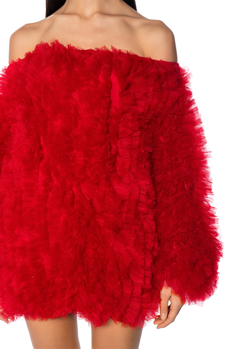 LOOFAH OFF THE SHOULDER MINI DRESS