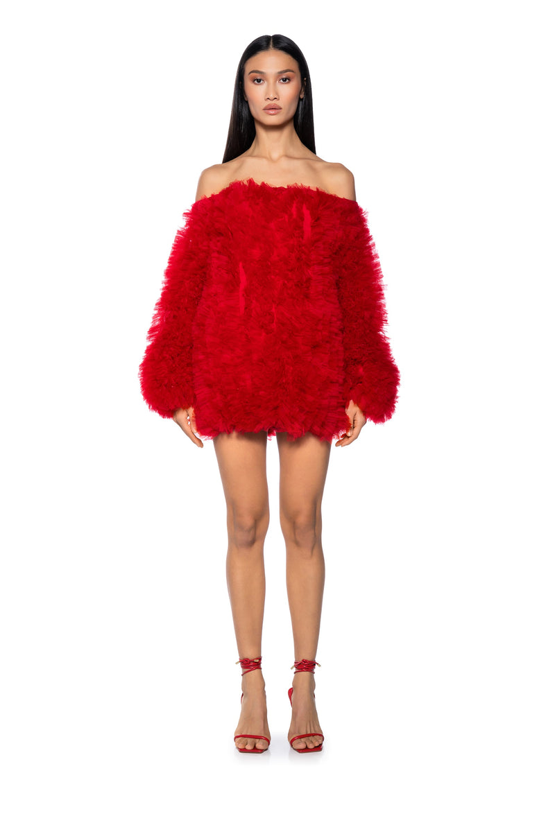LOOFAH OFF THE SHOULDER MINI DRESS