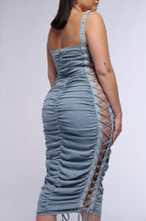 LOOK AT ME LACE UP DENIM MIDI DRESS