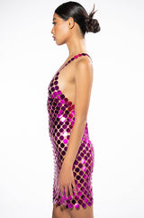 LOOK AT ME KNOW METALLIC DISC MINI DRESS