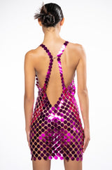 LOOK AT ME KNOW METALLIC DISC MINI DRESS