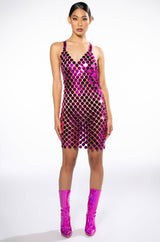 LOOK AT ME KNOW METALLIC DISC MINI DRESS