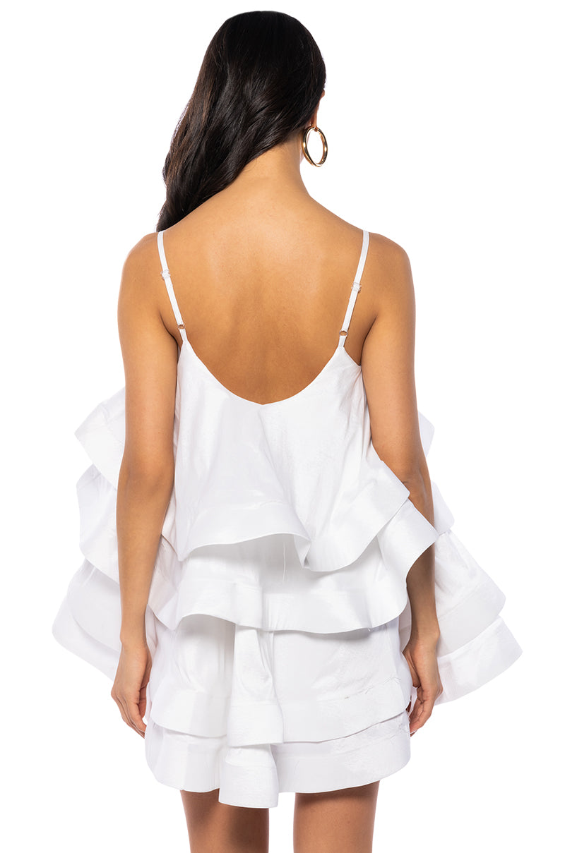 LOOKING FOR LUST RUFFLE MINI DRESS IN WHITE