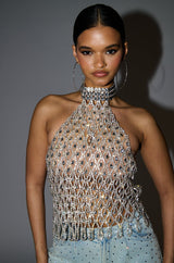LOREN RHINESTONE HALTER NECK TOP IN SILVER