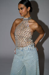LOREN RHINESTONE HALTER NECK TOP IN SILVER