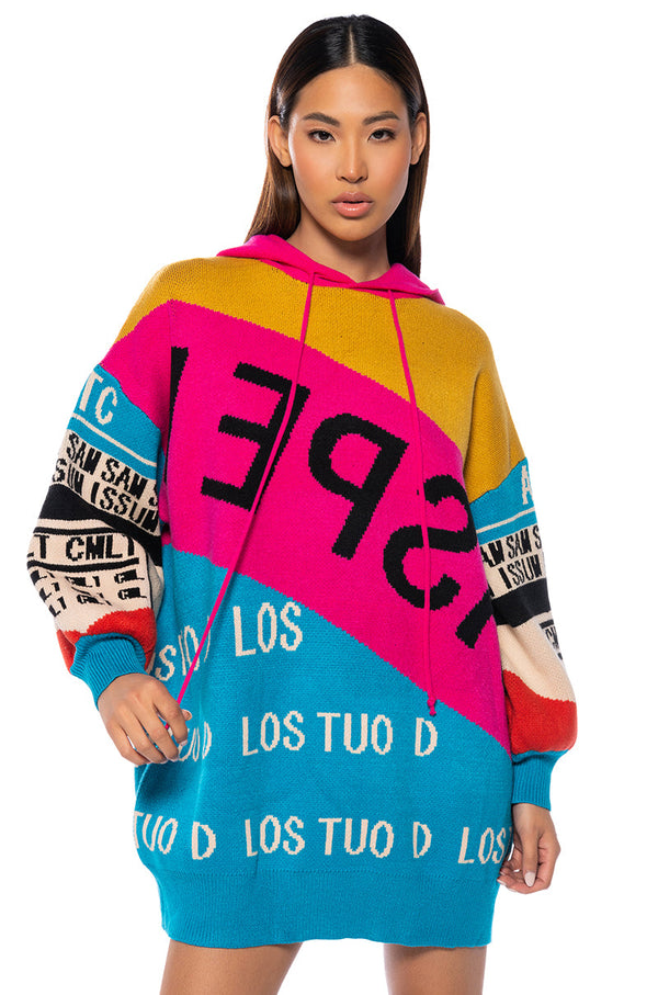 LOUD AND PROUD PULLOVER HOODED SWEATER DRESS IN BLUE