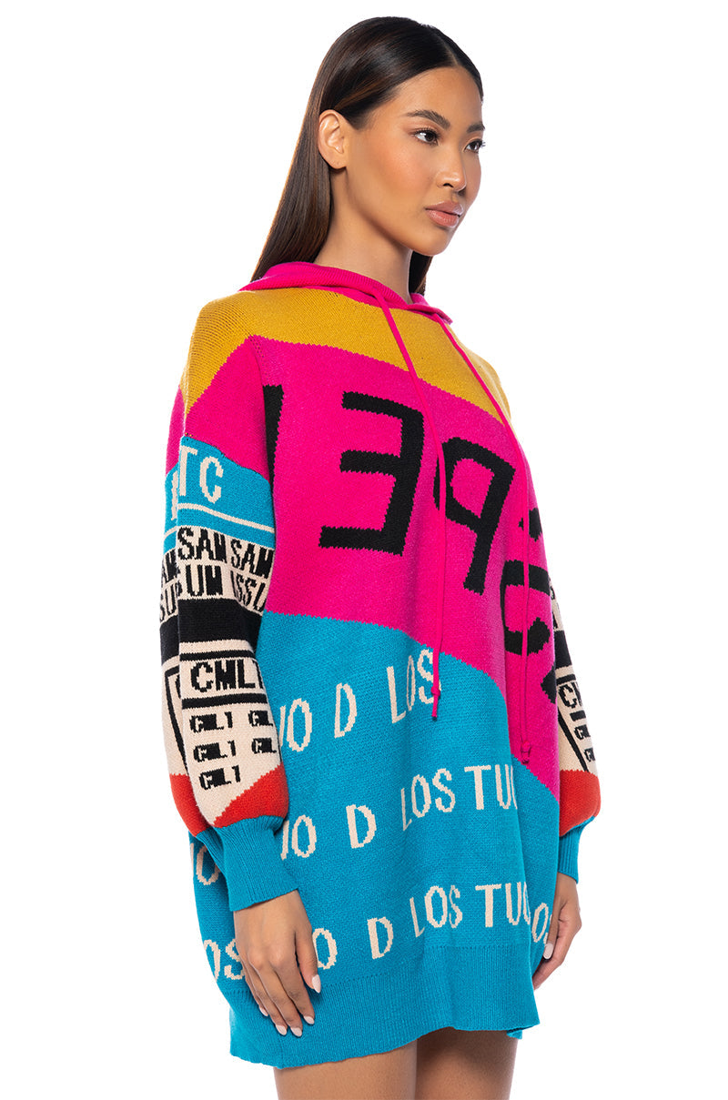 LOUD AND PROUD PULLOVER HOODED SWEATER DRESS IN BLUE