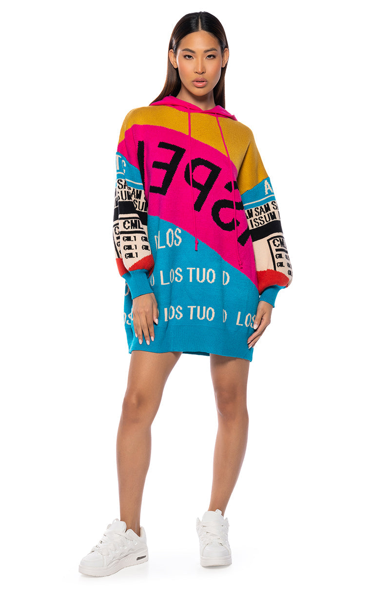 LOUD AND PROUD PULLOVER HOODED SWEATER DRESS IN BLUE