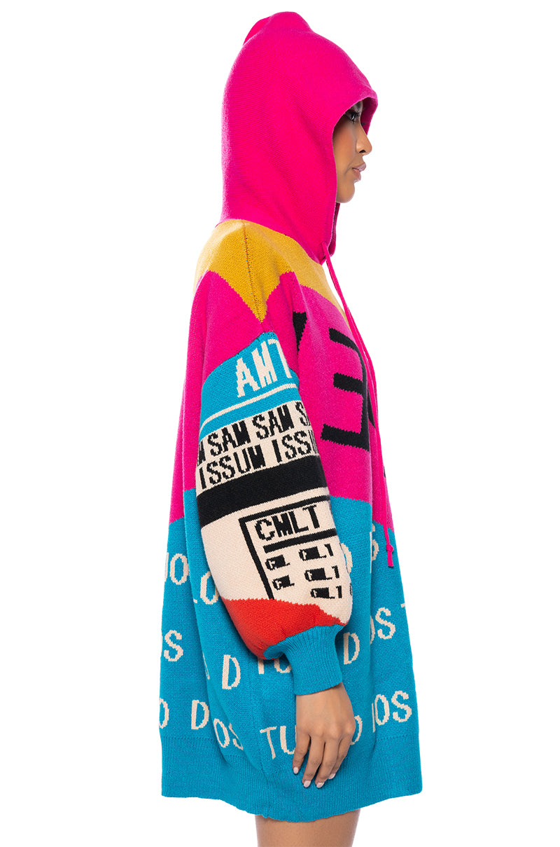 LOUD AND PROUD PULLOVER HOODED SWEATER DRESS IN BLUE