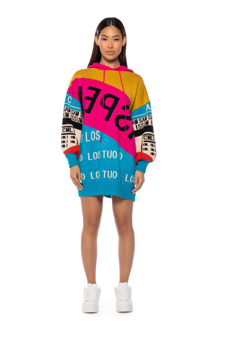 LOUD AND PROUD PULLOVER HOODED SWEATER DRESS IN BLUE