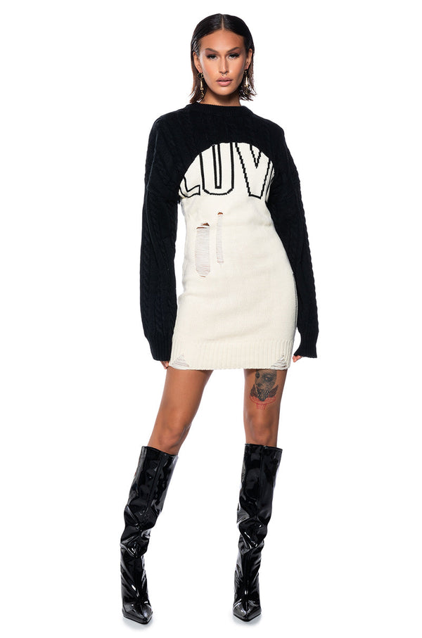 LOVE DISTRESSED KNIT MINI DRESS