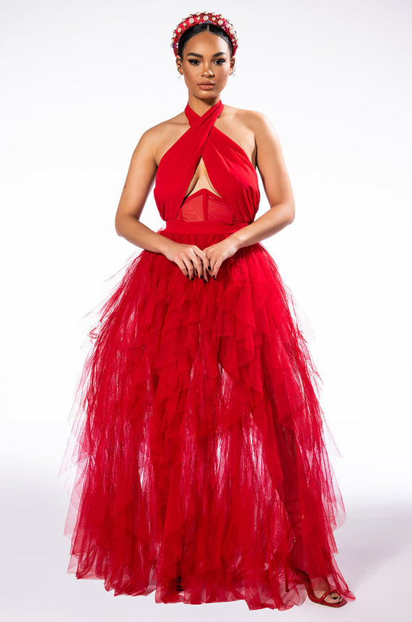 LOVE IN A HOPELESS PLACE RUFFLE DETAIL HALTER MAXI DRESS
