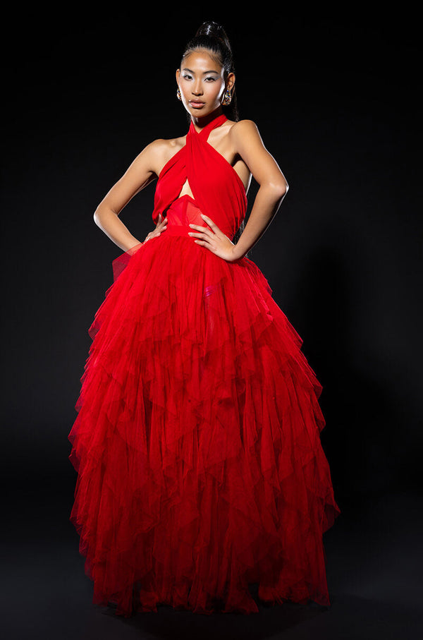 LOVE IN A HOPELESS PLACE RUFFLE DETAIL HALTER MAXI DRESS