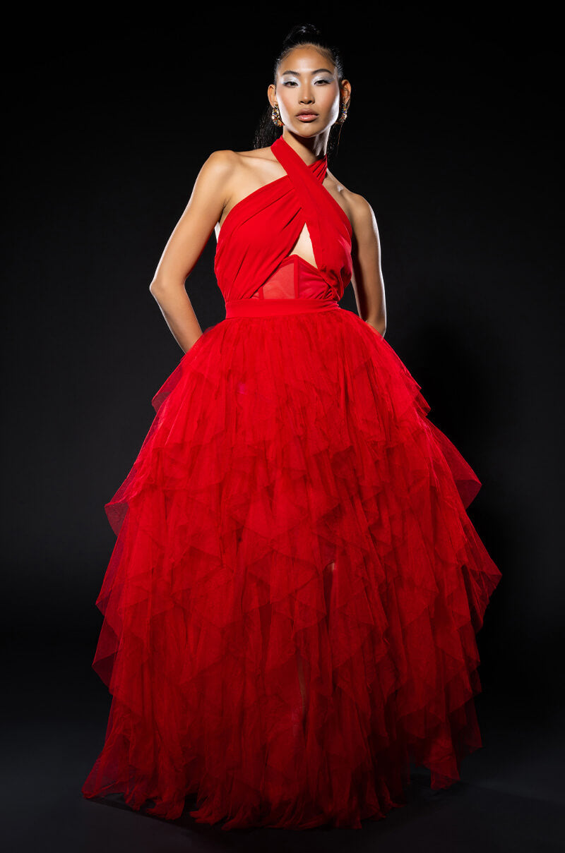 LOVE IN A HOPELESS PLACE RUFFLE DETAIL HALTER MAXI DRESS