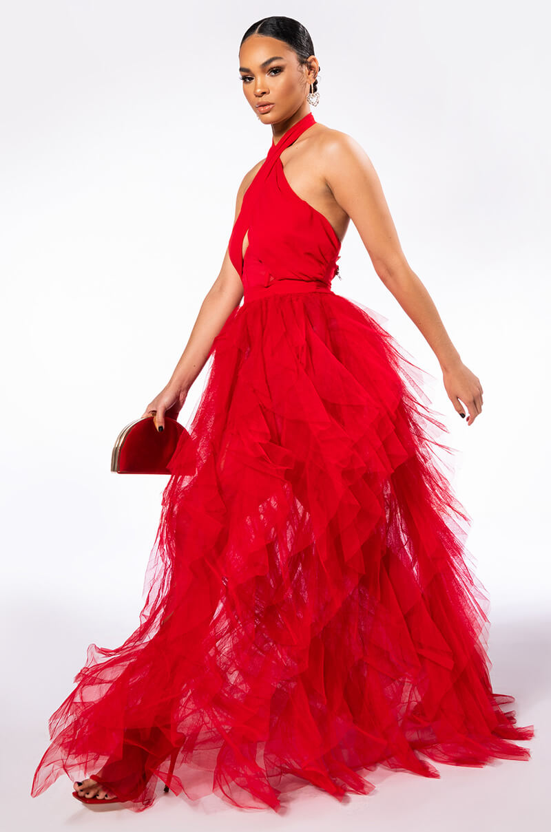 LOVE IN A HOPELESS PLACE RUFFLE DETAIL HALTER MAXI DRESS
