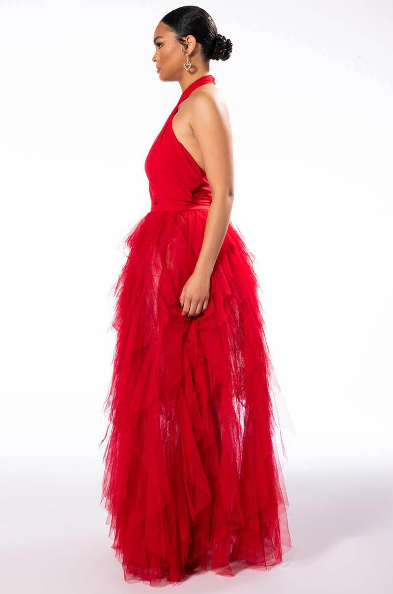 LOVE IN A HOPELESS PLACE RUFFLE DETAIL HALTER MAXI DRESS
