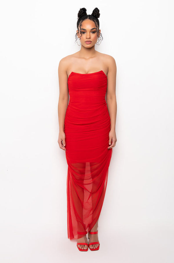 LOVE ME MORE TUBE RUCHED MESH MIDI DRESS