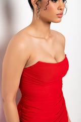 LOVE ME MORE TUBE RUCHED MESH MIDI DRESS