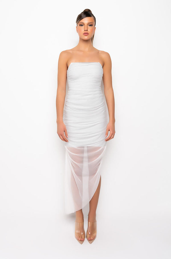 LOVE ME MORE TUBE RUCHED MESH MIDI DRESS