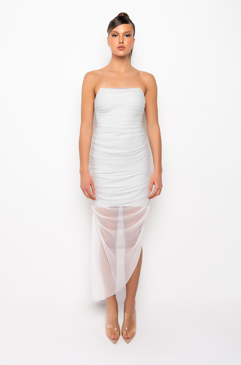 LOVE ME MORE TUBE RUCHED MESH MIDI DRESS