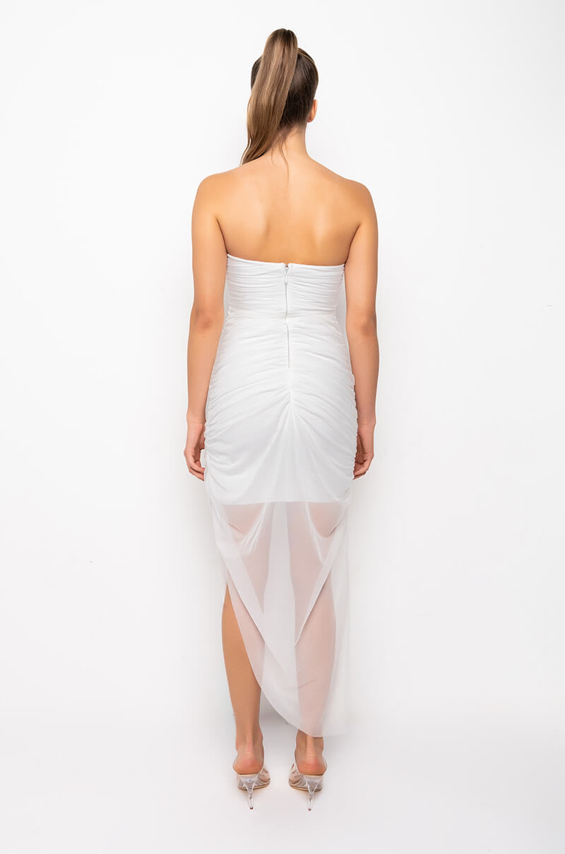 LOVE ME MORE TUBE RUCHED MESH MIDI DRESS