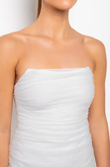 LOVE ME MORE TUBE RUCHED MESH MIDI DRESS