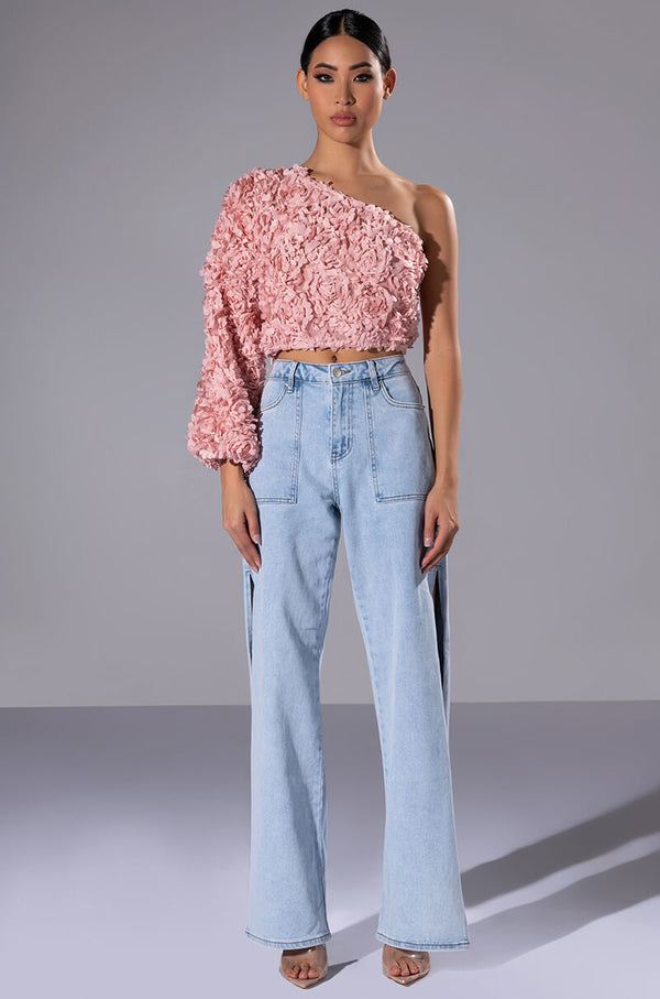 LUCIA FLORAL APPLIQUE ONE SHOULDER CROP BLOUSE