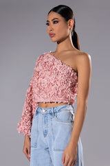 LUCIA FLORAL APPLIQUE ONE SHOULDER CROP BLOUSE