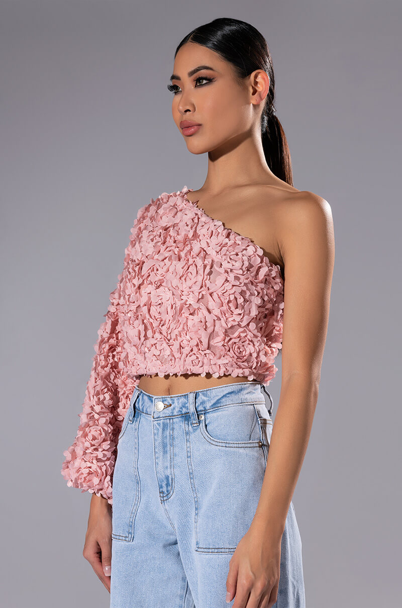 LUCIA FLORAL APPLIQUE ONE SHOULDER CROP BLOUSE